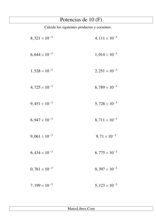 La hoja de ejercicios de Multiplicar y Dividir Decimales por Potencias Negativas de 10 (Exponencial) (F)