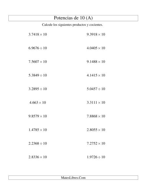La hoja de ejercicios de Multiplicar y Dividir Decimales por Potencias Positivas de 10 (Estándar) (A)