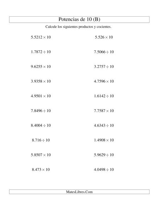 La hoja de ejercicios de Multiplicar y Dividir Decimales por Potencias Positivas de 10 (Estándar) (B)