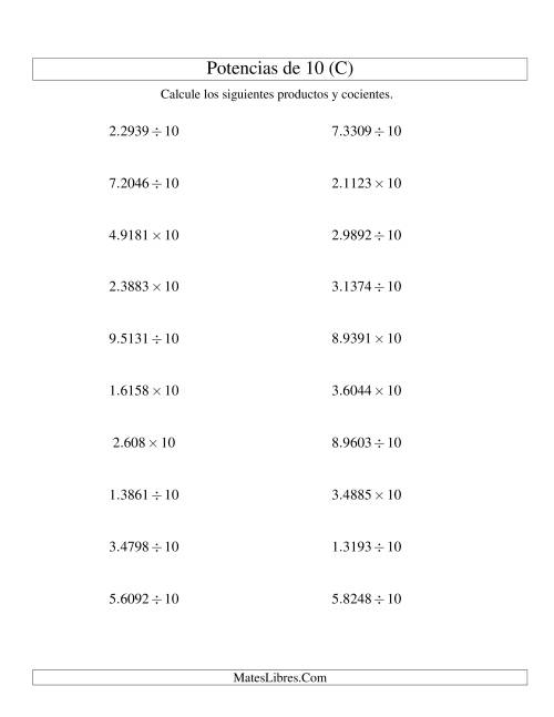 La hoja de ejercicios de Multiplicar y Dividir Decimales por Potencias Positivas de 10 (Estándar) (C)
