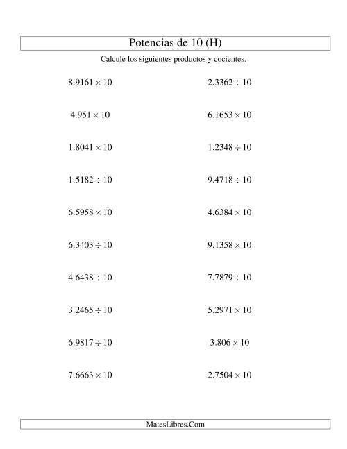 La hoja de ejercicios de Multiplicar y Dividir Decimales por Potencias Positivas de 10 (Estándar) (H)