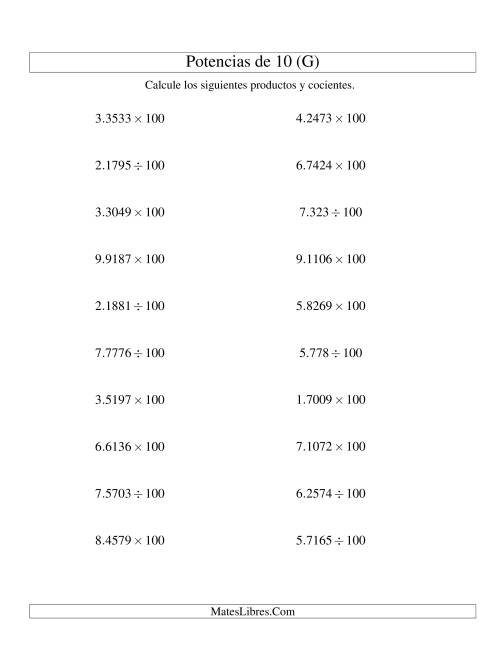 La hoja de ejercicios de Multiplicar y Dividir Decimales por Potencias Positivas de 10 (Estándar) (G)