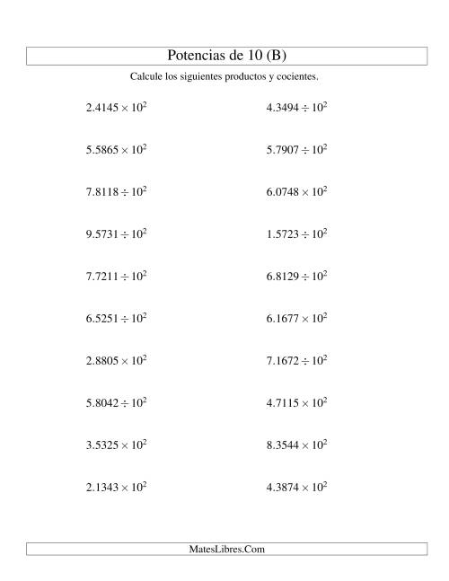 La hoja de ejercicios de Multiplicar y Dividir Decimales por Potencias Positivas de 10 (Exponencial) (B)