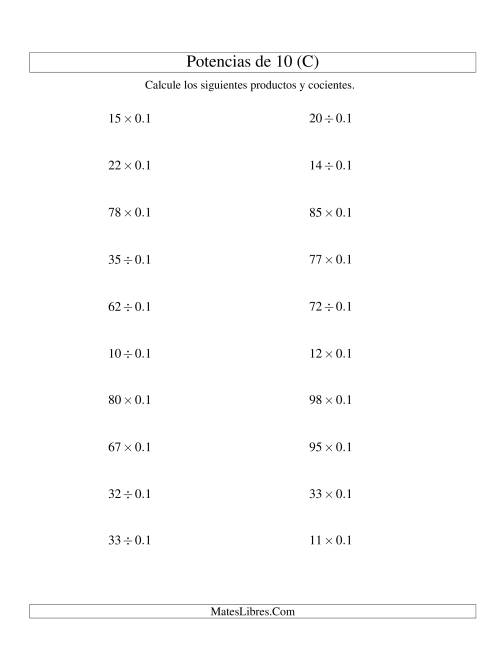 La hoja de ejercicios de Multiplicar y Dividir Enteros por Potencias Negativas de 10 (Estándar) (C)