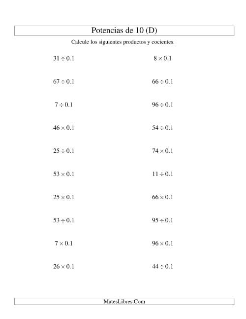 La hoja de ejercicios de Multiplicar y Dividir Enteros por Potencias Negativas de 10 (Estándar) (D)