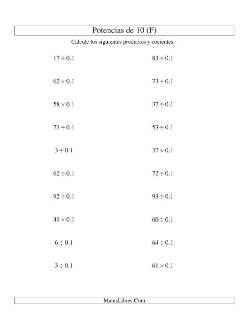 La hoja de ejercicios de Multiplicar y Dividir Enteros por Potencias Negativas de 10 (Estándar) (F)