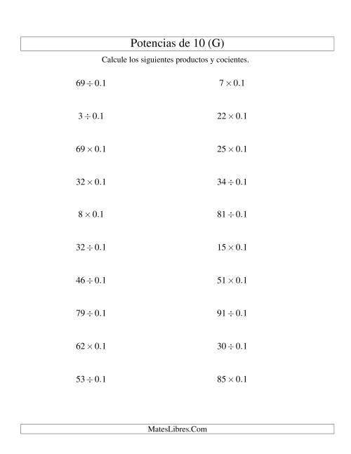La hoja de ejercicios de Multiplicar y Dividir Enteros por Potencias Negativas de 10 (Estándar) (G)