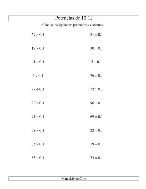 La hoja de ejercicios de Multiplicar y Dividir Enteros por Potencias Negativas de 10 (Estándar) (I)