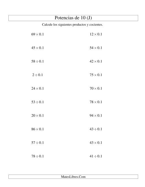 La hoja de ejercicios de Multiplicar y Dividir Enteros por Potencias Negativas de 10 (Estándar) (J)