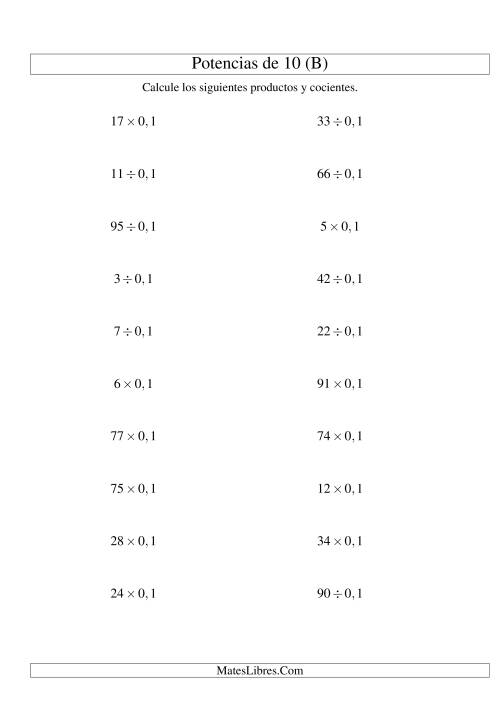 La hoja de ejercicios de Multiplicar y Dividir Enteros por Potencias Negativas de 10 (Estándar) (B)