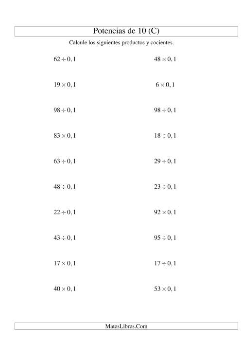 La hoja de ejercicios de Multiplicar y Dividir Enteros por Potencias Negativas de 10 (Estándar) (C)
