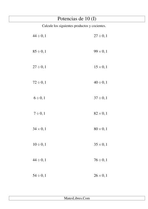 La hoja de ejercicios de Multiplicar y Dividir Enteros por Potencias Negativas de 10 (Estándar) (I)