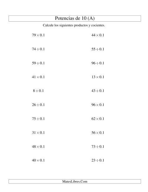 La hoja de ejercicios de Multiplicar y Dividir Enteros por Potencias Negativas de 10 (Estándar) (Todas)