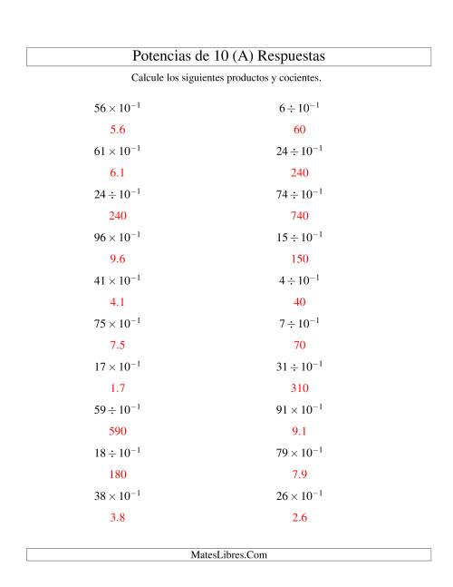 La hoja de ejercicios de Multiplicar y Dividir Enteros por Potencias Negativas de 10 (Exponencial) (A) Página 2