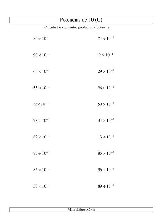 La hoja de ejercicios de Multiplicar y Dividir Enteros por Potencias Negativas de 10 (Exponencial) (C)