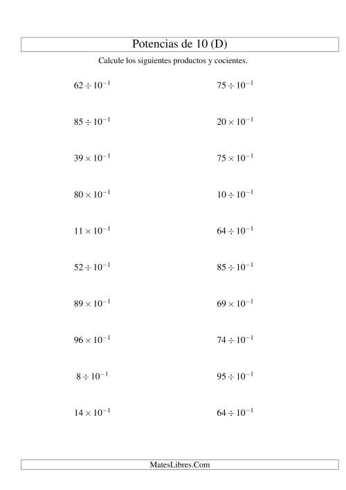 La hoja de ejercicios de Multiplicar y Dividir Enteros por Potencias Negativas de 10 (Exponencial) (D)
