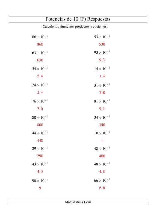 La hoja de ejercicios de Multiplicar y Dividir Enteros por Potencias Negativas de 10 (Exponencial) (F) Página 2