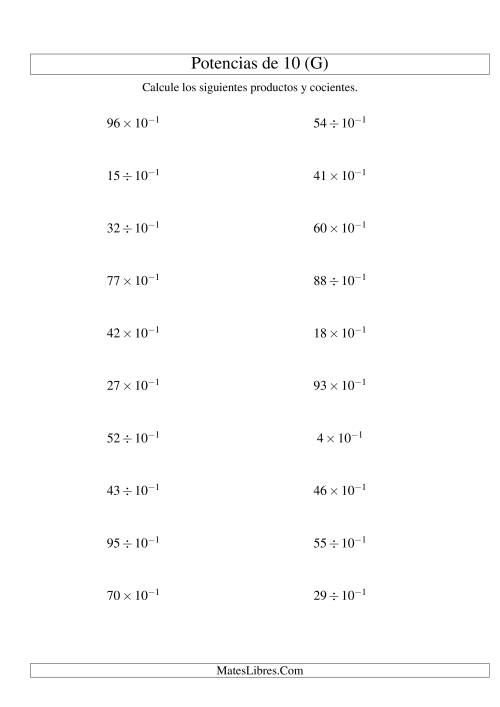 La hoja de ejercicios de Multiplicar y Dividir Enteros por Potencias Negativas de 10 (Exponencial) (G)