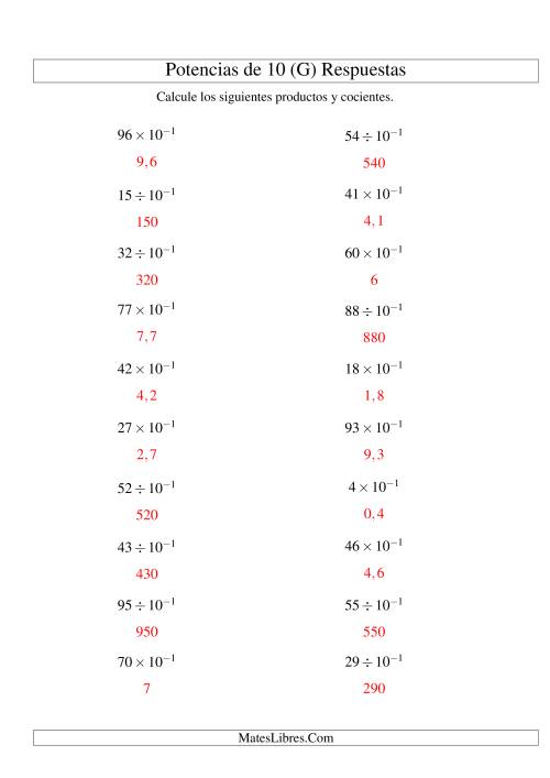 La hoja de ejercicios de Multiplicar y Dividir Enteros por Potencias Negativas de 10 (Exponencial) (G) Página 2