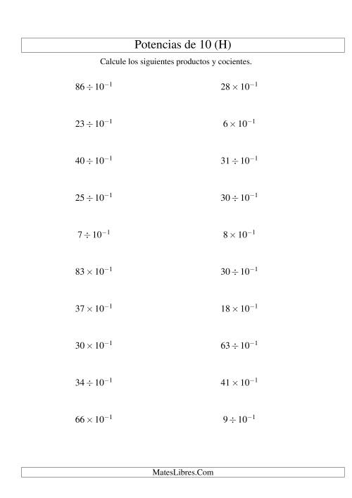 La hoja de ejercicios de Multiplicar y Dividir Enteros por Potencias Negativas de 10 (Exponencial) (H)