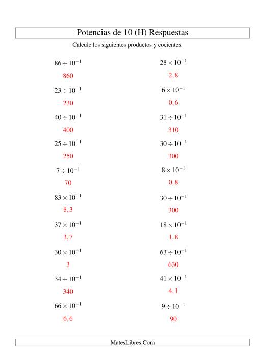 La hoja de ejercicios de Multiplicar y Dividir Enteros por Potencias Negativas de 10 (Exponencial) (H) Página 2