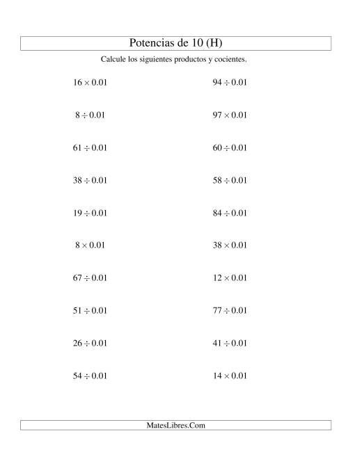La hoja de ejercicios de Multiplicar y Dividir Enteros por Potencias Negativas de 10 (Estándar) (H)