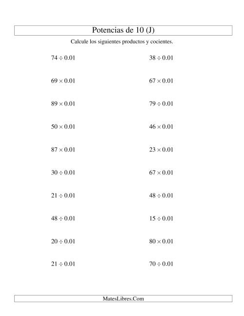 La hoja de ejercicios de Multiplicar y Dividir Enteros por Potencias Negativas de 10 (Estándar) (J)