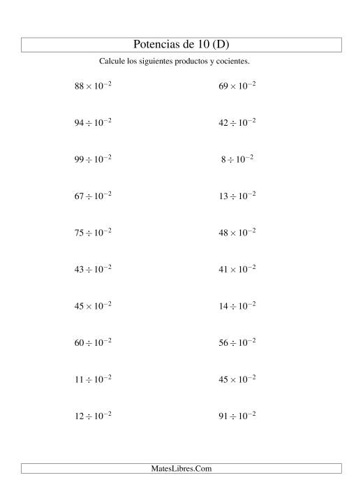 La hoja de ejercicios de Multiplicar y Dividir Enteros por Potencias Negativas de 10 (Exponencial) (D)