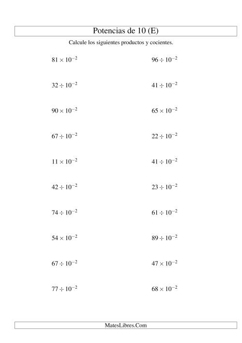 La hoja de ejercicios de Multiplicar y Dividir Enteros por Potencias Negativas de 10 (Exponencial) (E)