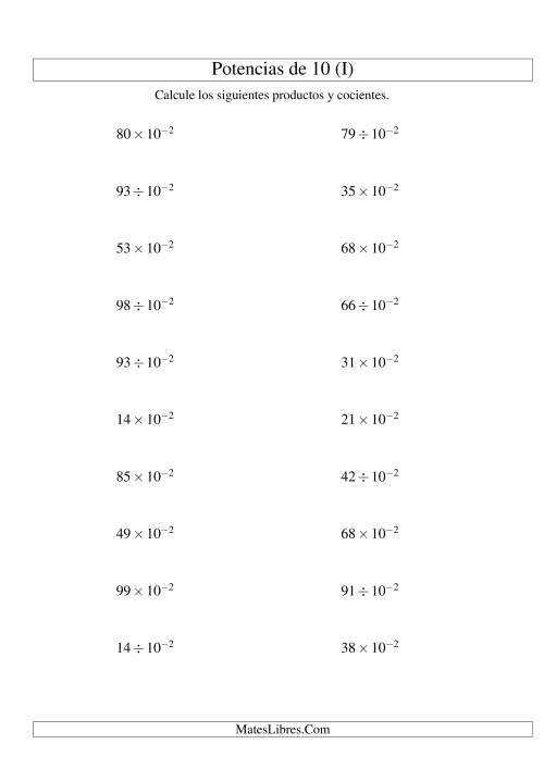 La hoja de ejercicios de Multiplicar y Dividir Enteros por Potencias Negativas de 10 (Exponencial) (I)