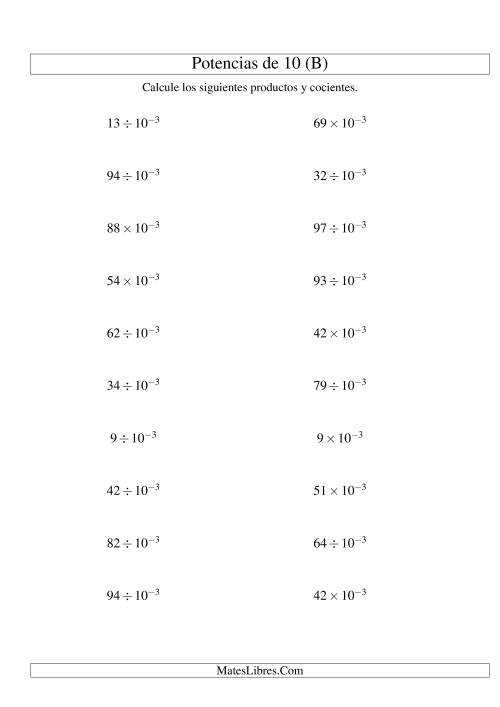 La hoja de ejercicios de Multiplicar y Dividir Enteros por Potencias Negativas de 10 (Exponencial) (B)