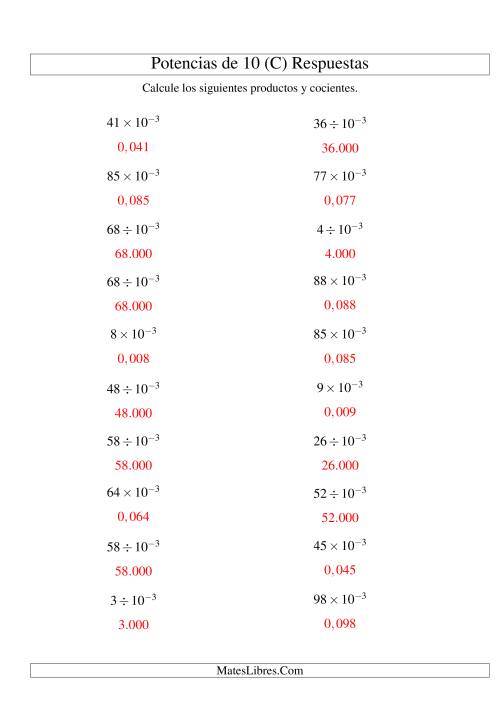 La hoja de ejercicios de Multiplicar y Dividir Enteros por Potencias Negativas de 10 (Exponencial) (C) Página 2