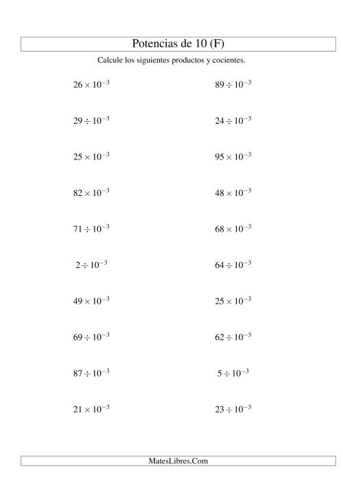 La hoja de ejercicios de Multiplicar y Dividir Enteros por Potencias Negativas de 10 (Exponencial) (F)