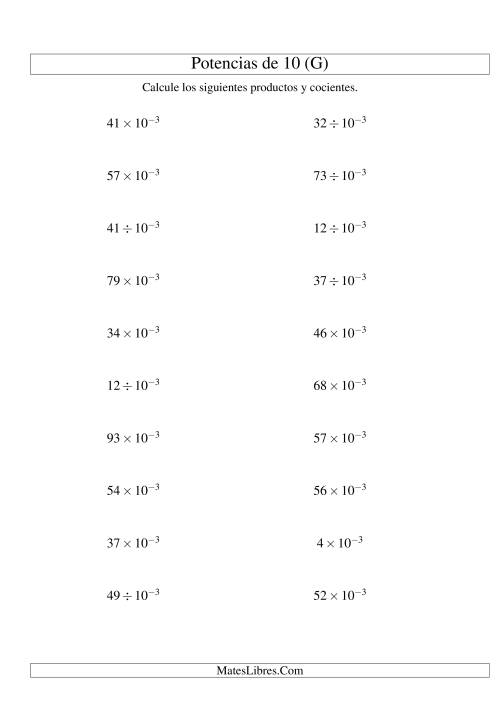 La hoja de ejercicios de Multiplicar y Dividir Enteros por Potencias Negativas de 10 (Exponencial) (G)