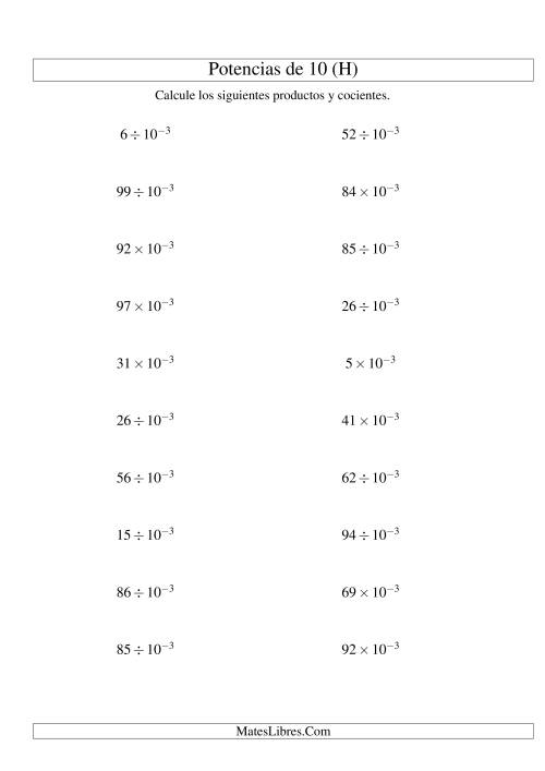 La hoja de ejercicios de Multiplicar y Dividir Enteros por Potencias Negativas de 10 (Exponencial) (H)