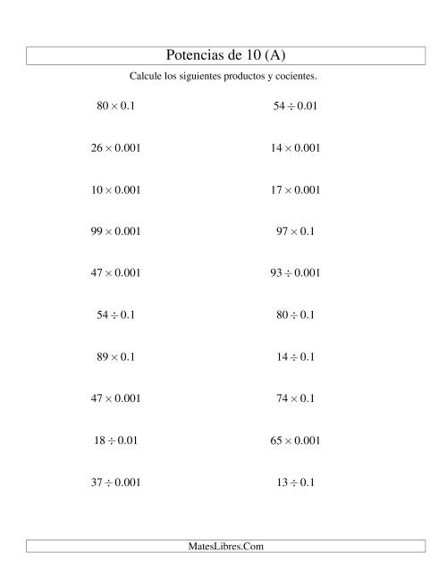 La hoja de ejercicios de Multiplicar y Dividir Enteros por Potencias Negativas de 10 (Estándar) (A)