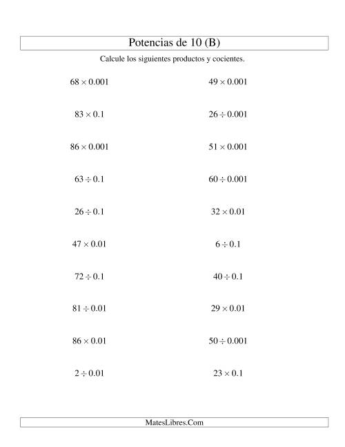 La hoja de ejercicios de Multiplicar y Dividir Enteros por Potencias Negativas de 10 (Estándar) (B)