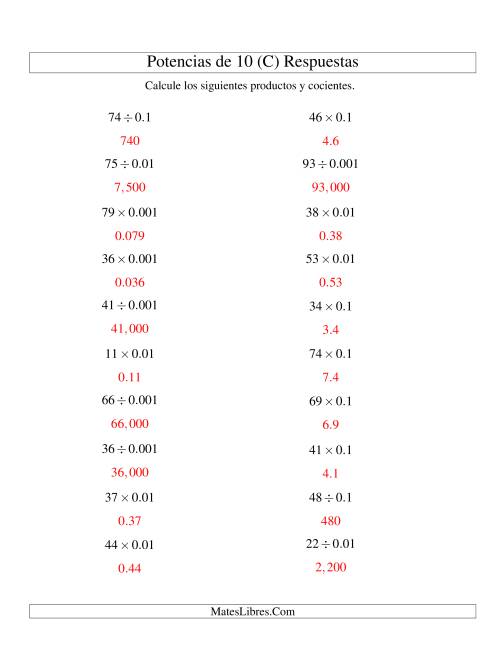 La hoja de ejercicios de Multiplicar y Dividir Enteros por Potencias Negativas de 10 (Estándar) (C) Página 2