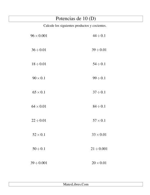 La hoja de ejercicios de Multiplicar y Dividir Enteros por Potencias Negativas de 10 (Estándar) (D)