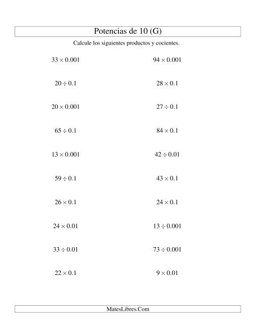 La hoja de ejercicios de Multiplicar y Dividir Enteros por Potencias Negativas de 10 (Estándar) (G)