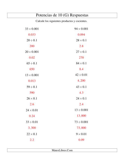 La hoja de ejercicios de Multiplicar y Dividir Enteros por Potencias Negativas de 10 (Estándar) (G) Página 2