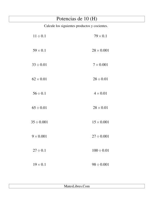 La hoja de ejercicios de Multiplicar y Dividir Enteros por Potencias Negativas de 10 (Estándar) (H)