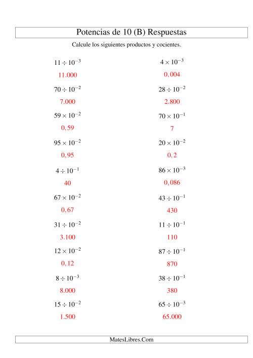 La hoja de ejercicios de Multiplicar y Dividir Enteros por Potencias Negativas de 10 (Exponencial) (B) Página 2