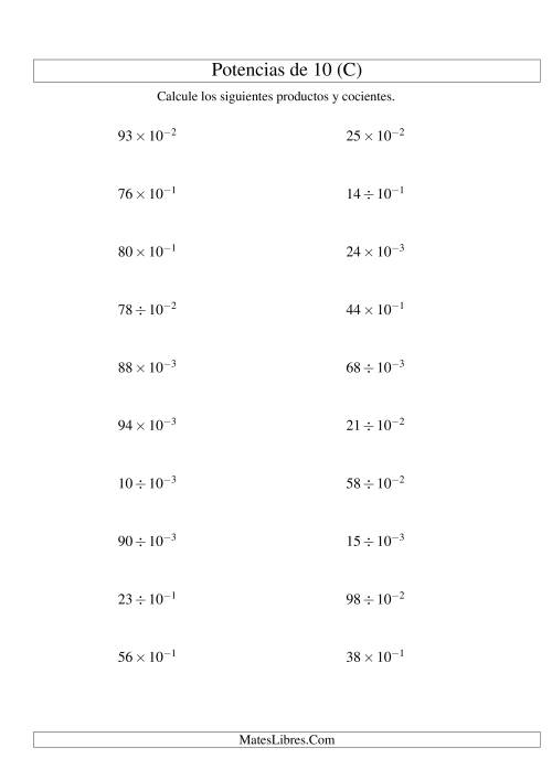 La hoja de ejercicios de Multiplicar y Dividir Enteros por Potencias Negativas de 10 (Exponencial) (C)