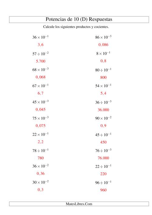 La hoja de ejercicios de Multiplicar y Dividir Enteros por Potencias Negativas de 10 (Exponencial) (D) Página 2