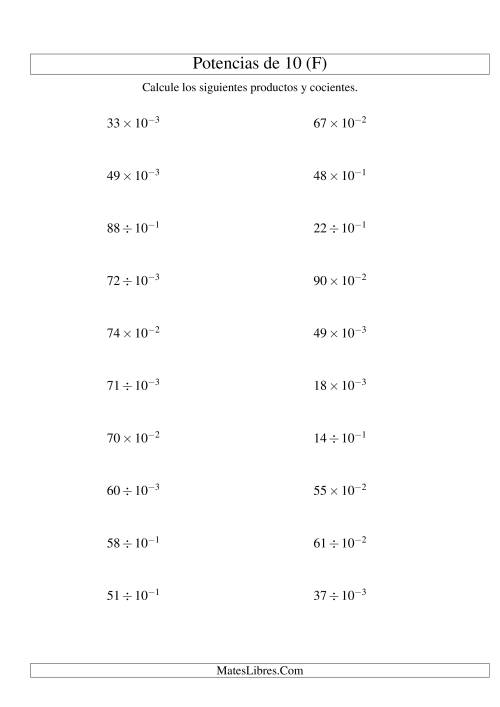 La hoja de ejercicios de Multiplicar y Dividir Enteros por Potencias Negativas de 10 (Exponencial) (F)