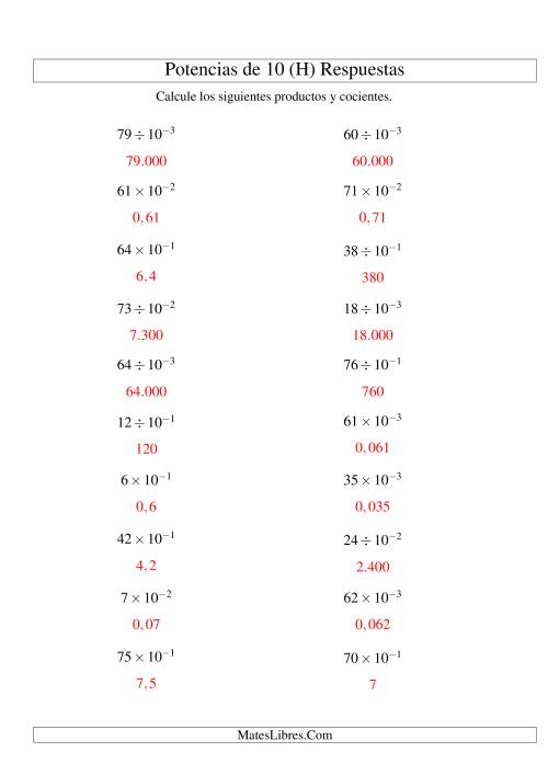 La hoja de ejercicios de Multiplicar y Dividir Enteros por Potencias Negativas de 10 (Exponencial) (H) Página 2