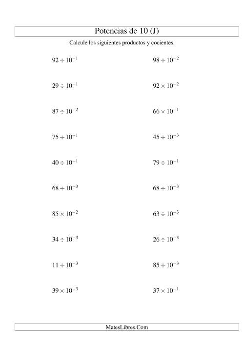 La hoja de ejercicios de Multiplicar y Dividir Enteros por Potencias Negativas de 10 (Exponencial) (J)