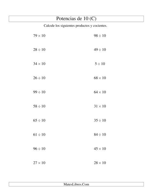 La hoja de ejercicios de Multiplicar y Dividir Enteros por Potencias Positivas de 10 (Estándar) (C)