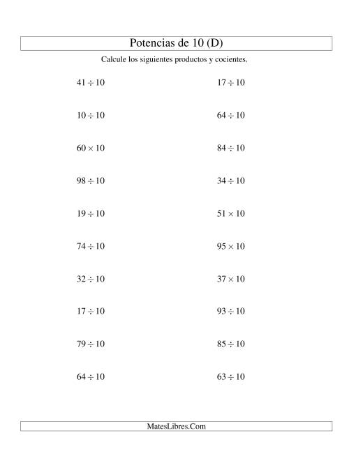 La hoja de ejercicios de Multiplicar y Dividir Enteros por Potencias Positivas de 10 (Estándar) (D)